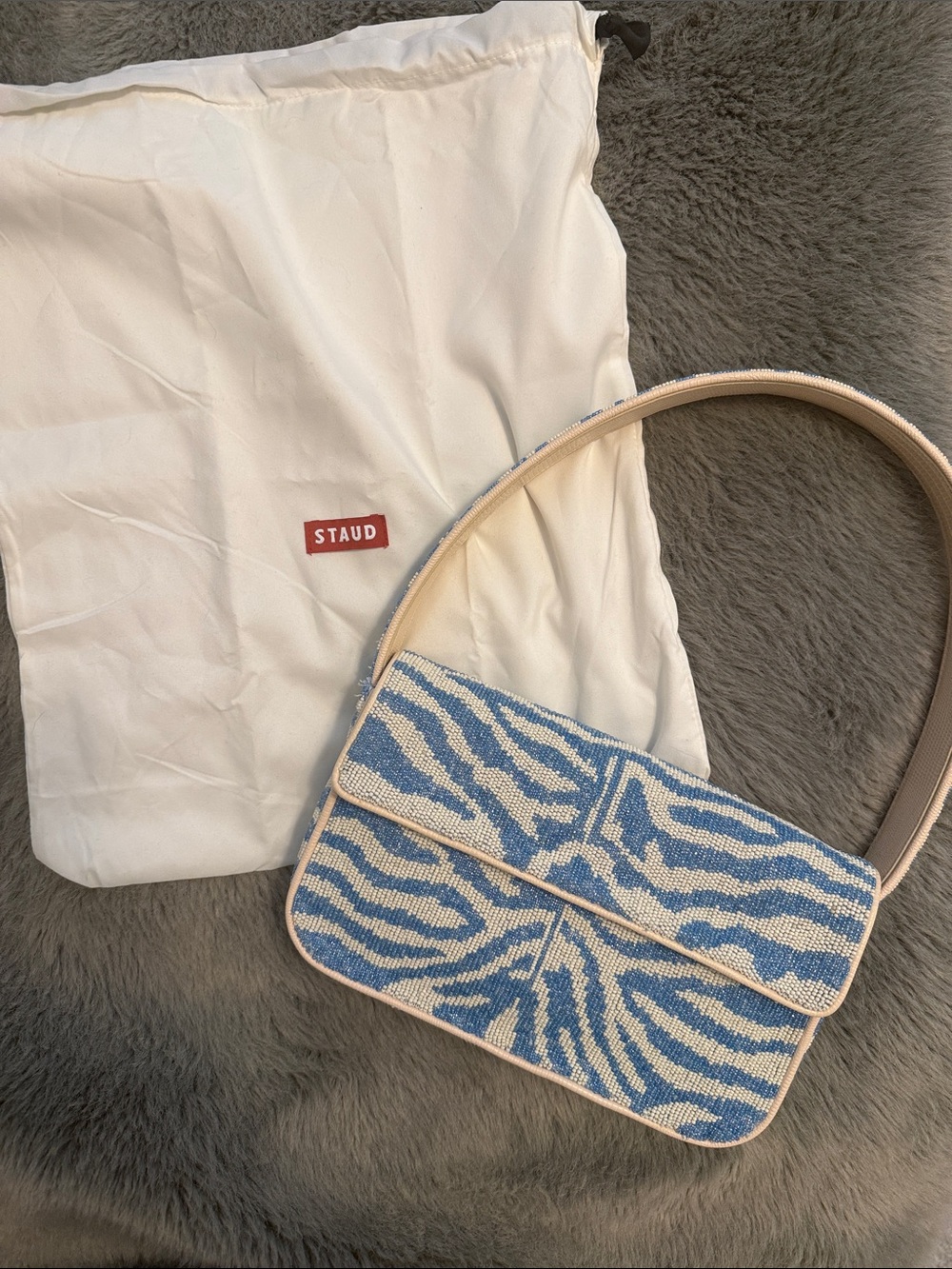 STAUD Tommy Bag!! Blue and Cream Zebra Beaded Shoulder Bag
